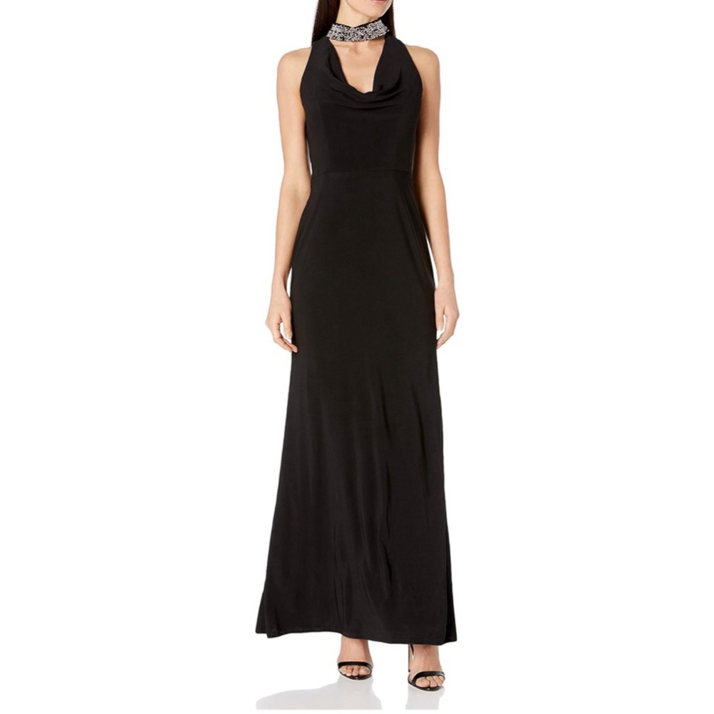 Cachet women’s long dress black with beaded choker size 8